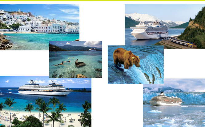 several pictures of sites that can be seen while on an ocean cruise.