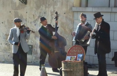 A picture of street musicians taken for a journal.